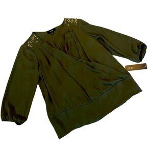 AGB Green Studded Deep V-Neck Bling Blouse women’s small